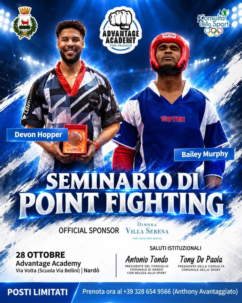 ARTI MARZIALI, EVENTO STORICO A NARDÒ: PER LA PRIMA VOLTA IN PUGLIA I CAMPIONI MONDIALI BAILEY MURPHY E DEVON HOPPER