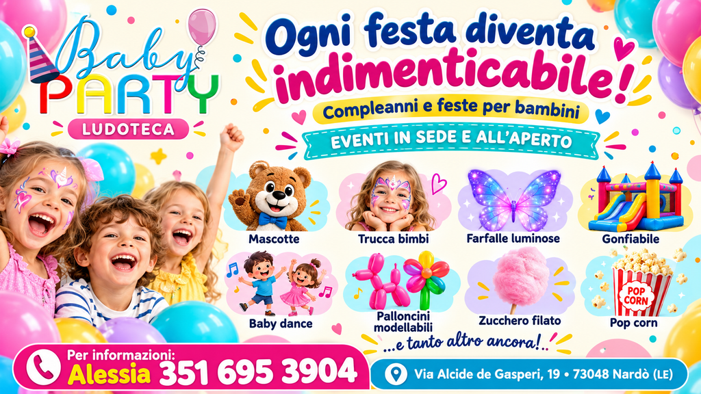 Baby Party Nardò, ludoteca e animazione per feste di compleanno per bambini, con mascotte, baby dance, trucca bimbi e palloncini modellabili.